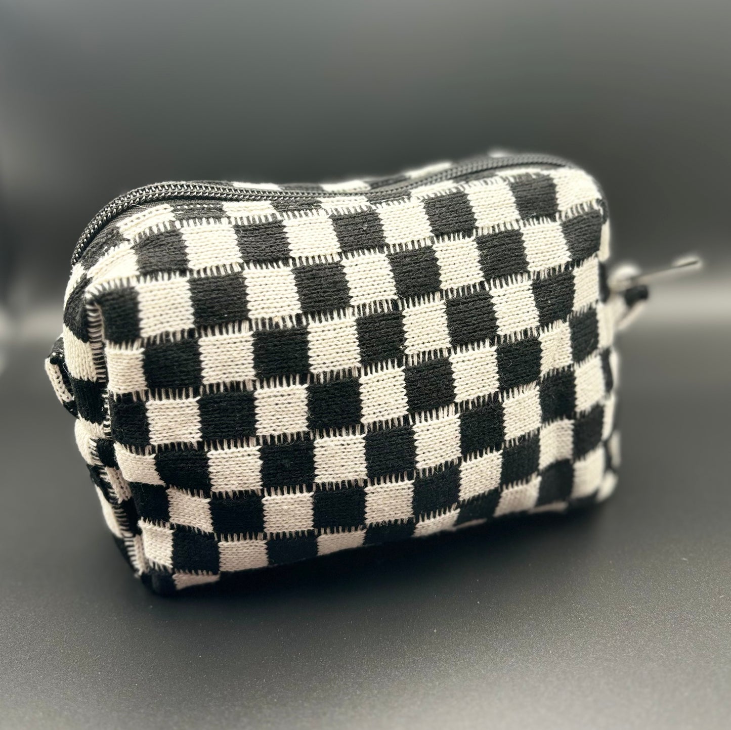 Checkered Knitted Cosmetic Bag - Black