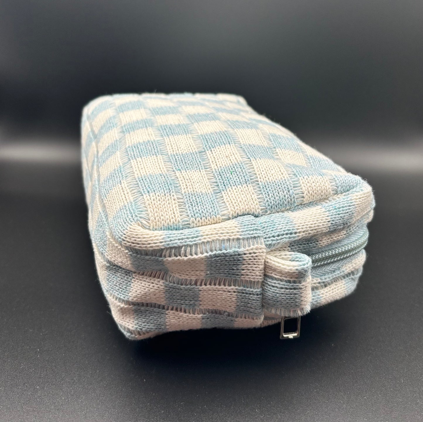 Checkered Knitted Cosmetic Bag - Baby Blue