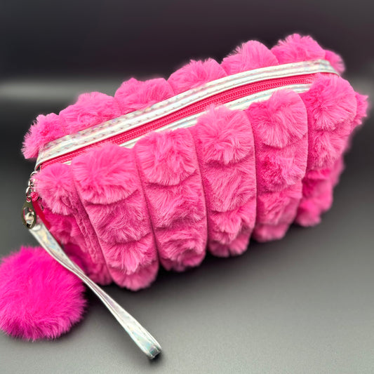 Plush Cosmetic Bag with Zip Closure & Pom Pom - Hot Pink