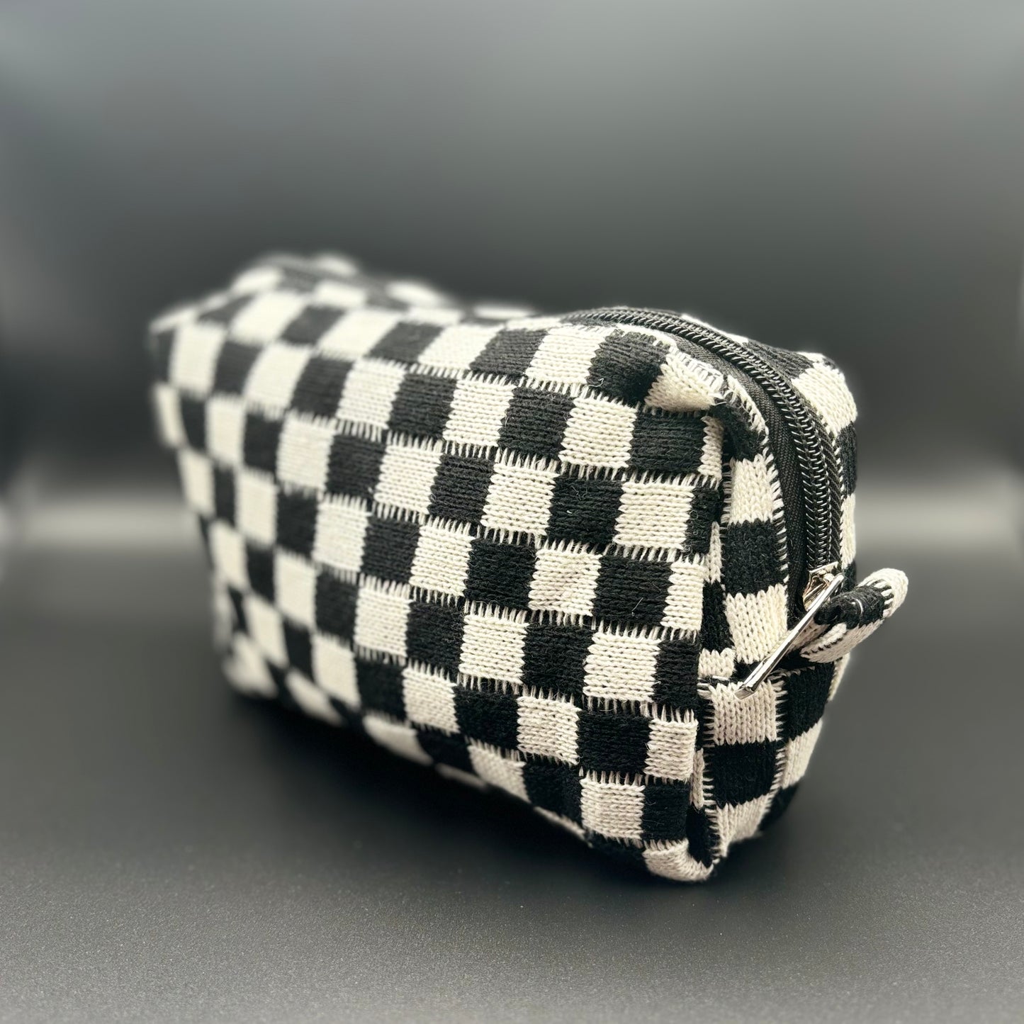 Checkered Knitted Cosmetic Bag - Black
