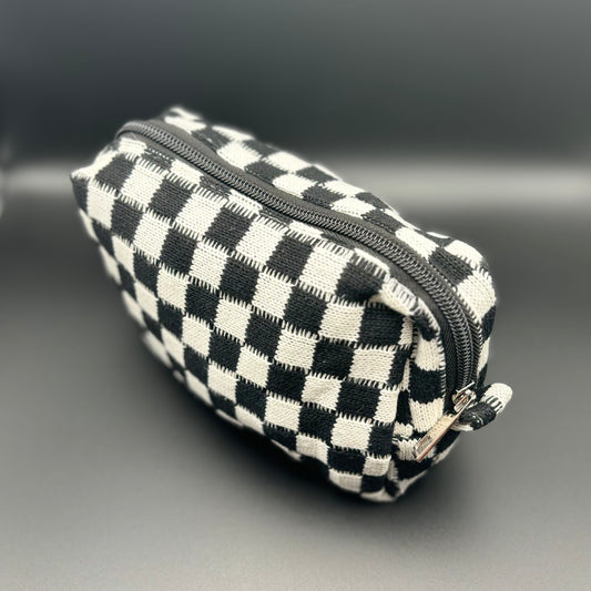 Checkered Knitted Cosmetic Bag - Black
