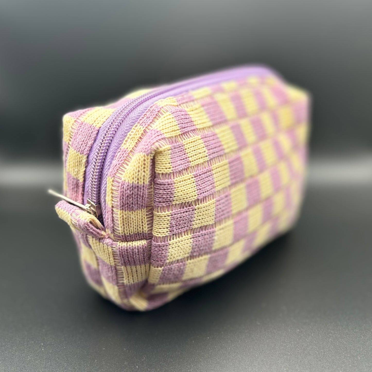 Checkered Knitted Cosmetic Bag - Purple