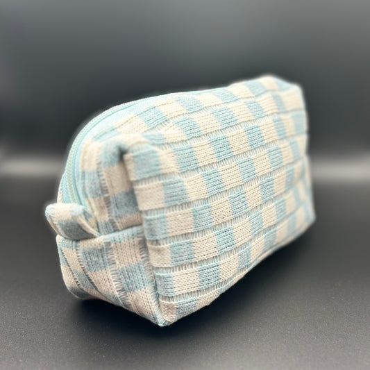 Checkered Knitted Cosmetic Bag - Baby Blue