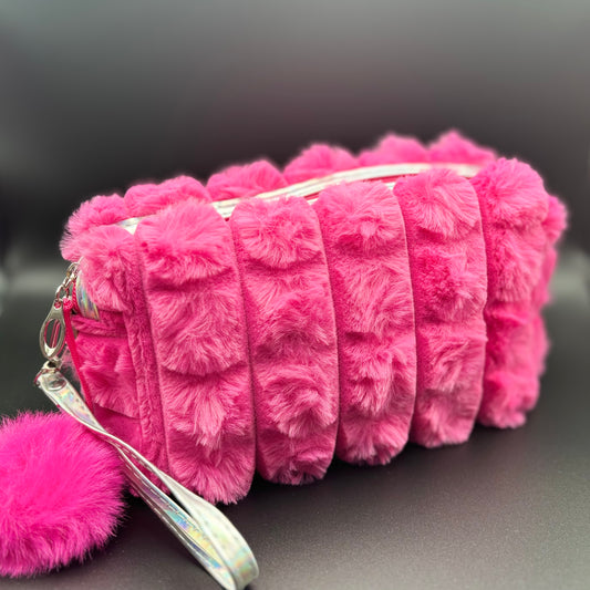 Plush Cosmetic Bag with Zip Closure & Pom Pom - Hot Pink