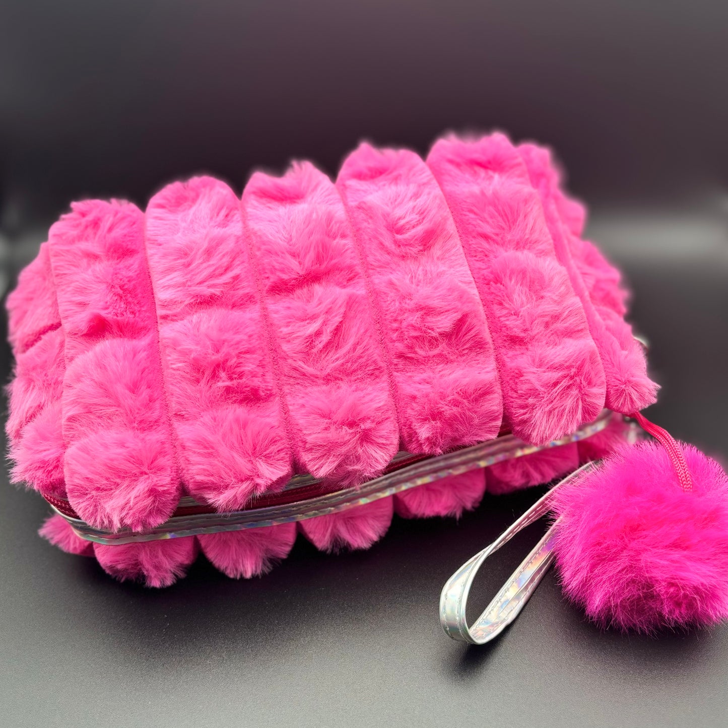 Plush Cosmetic Bag with Zip Closure & Pom Pom - Hot Pink