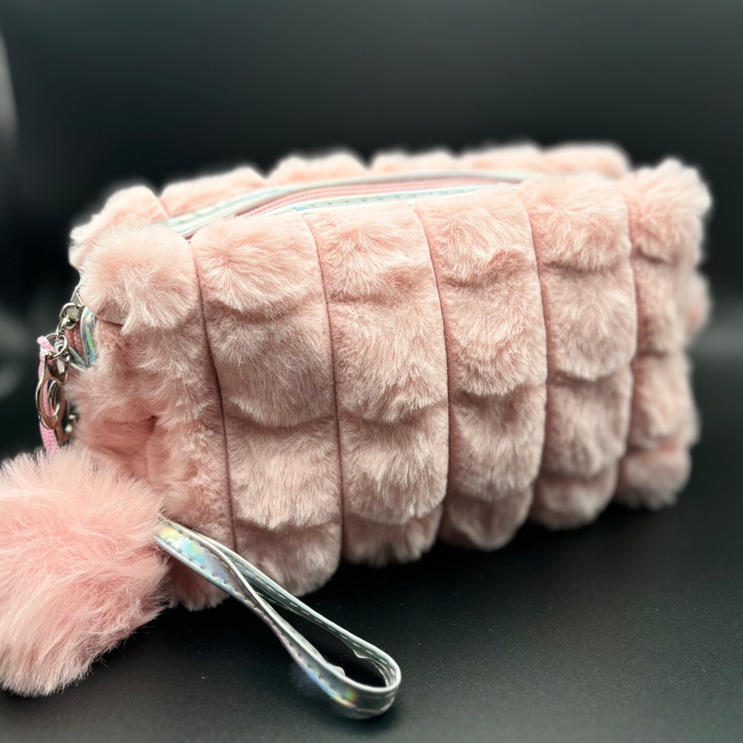 Plush Cosmetic Bag with Zip Closure & Pom Pom - Baby Pink