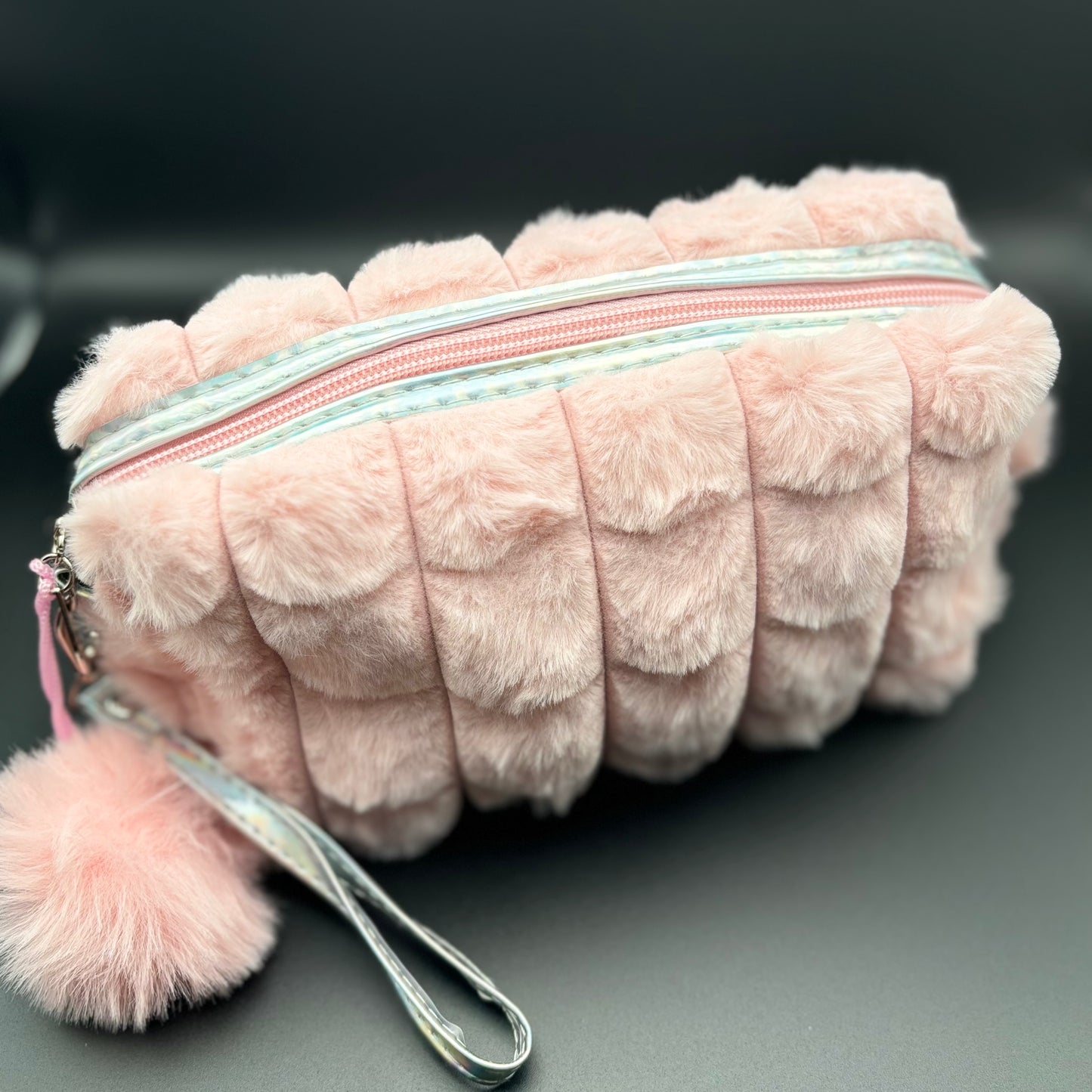 Plush Cosmetic Bag with Zip Closure & Pom Pom - Baby Pink