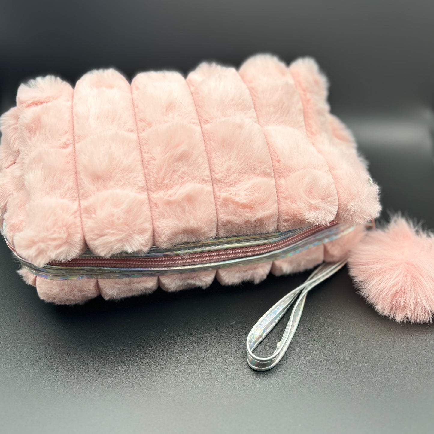 Plush Cosmetic Bag with Zip Closure & Pom Pom - Baby Pink