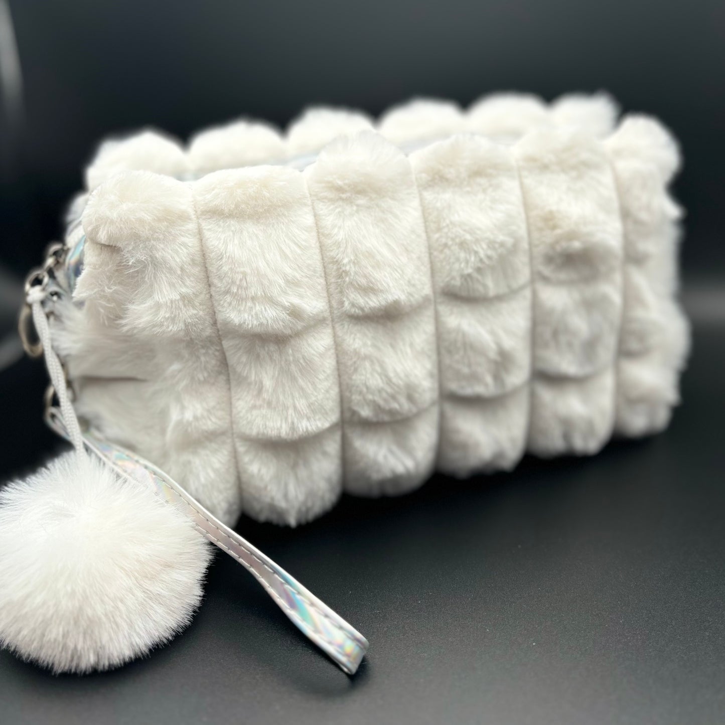 Plush Cosmetic Bag with Zip Closure & Pom Pom - White