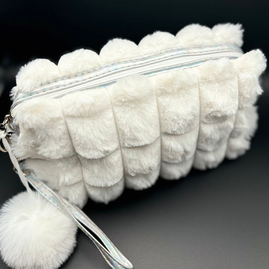 Plush Cosmetic Bag with Zip Closure & Pom Pom - White