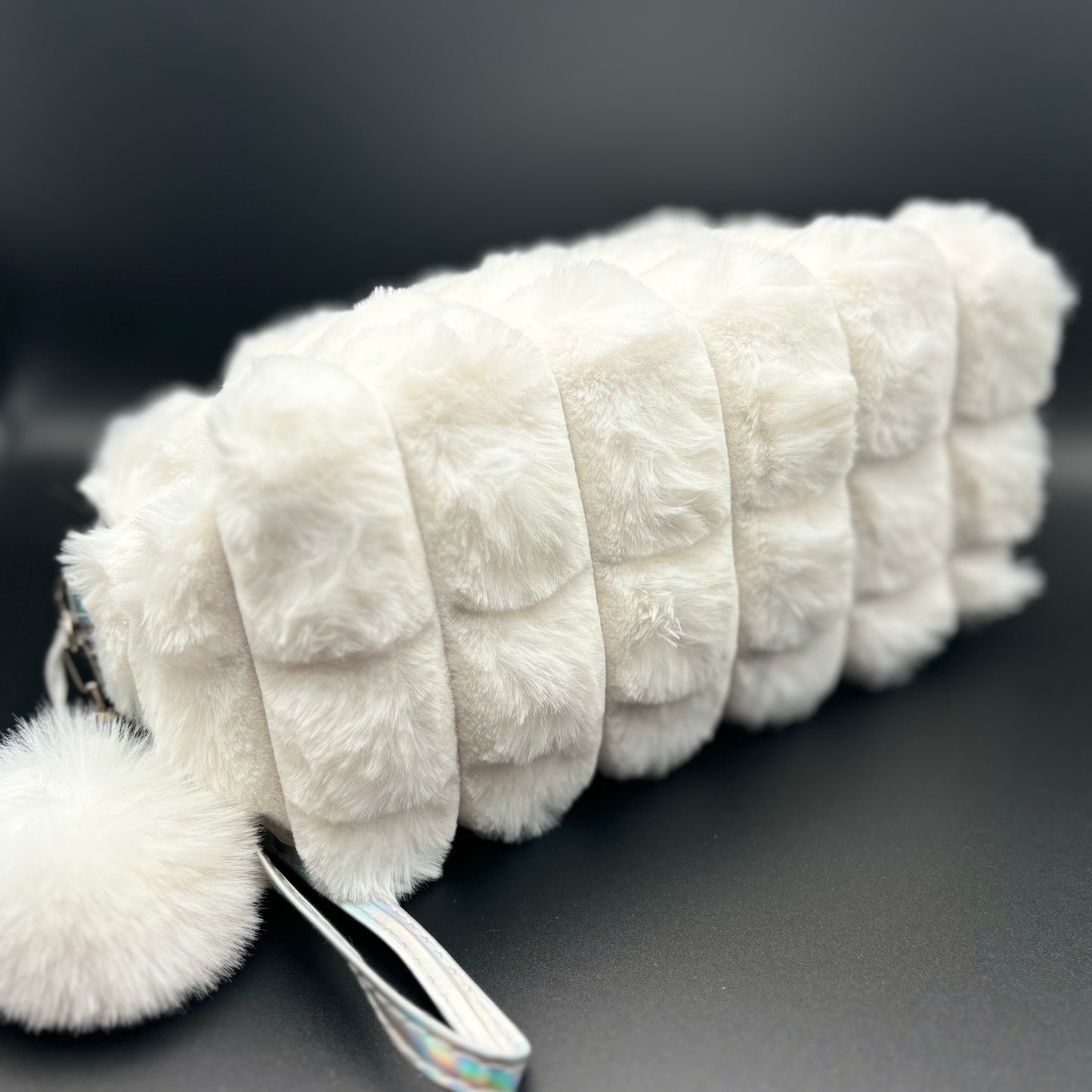 Plush Cosmetic Bag with Zip Closure & Pom Pom - White